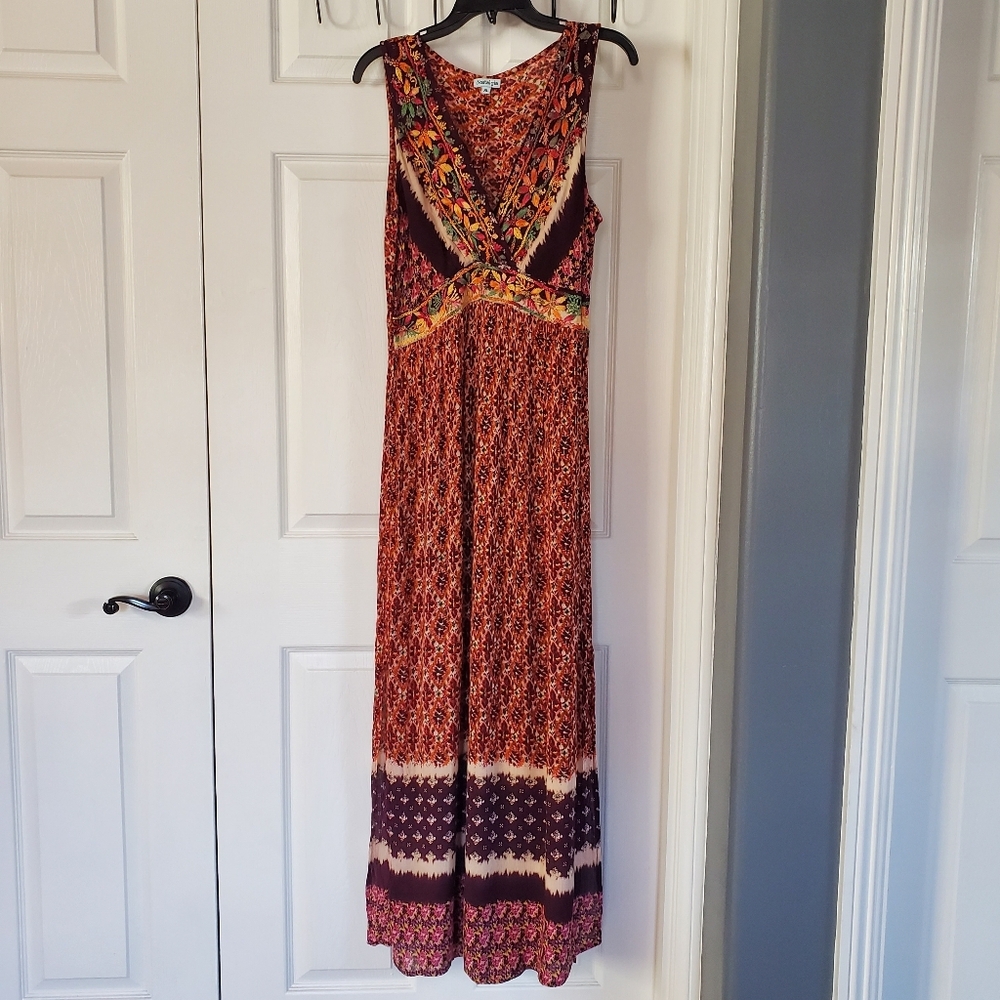 Nostalgia Embroidered Sleeveless Maxi Dress Multicolor Side Slits Boho Hippie XL